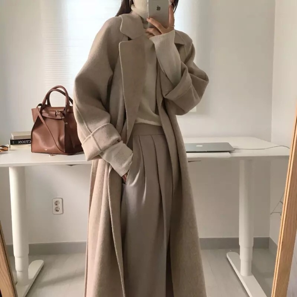Wool coat long Heather apricot khaki womens winter outerwear - Picture 5 of 8